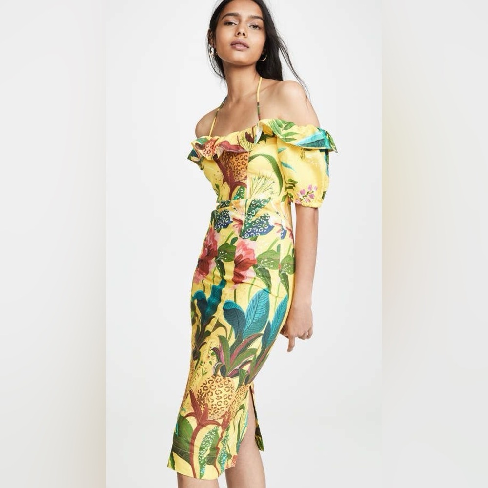 FARM RIO Golden Jungle Linen Midi Dress